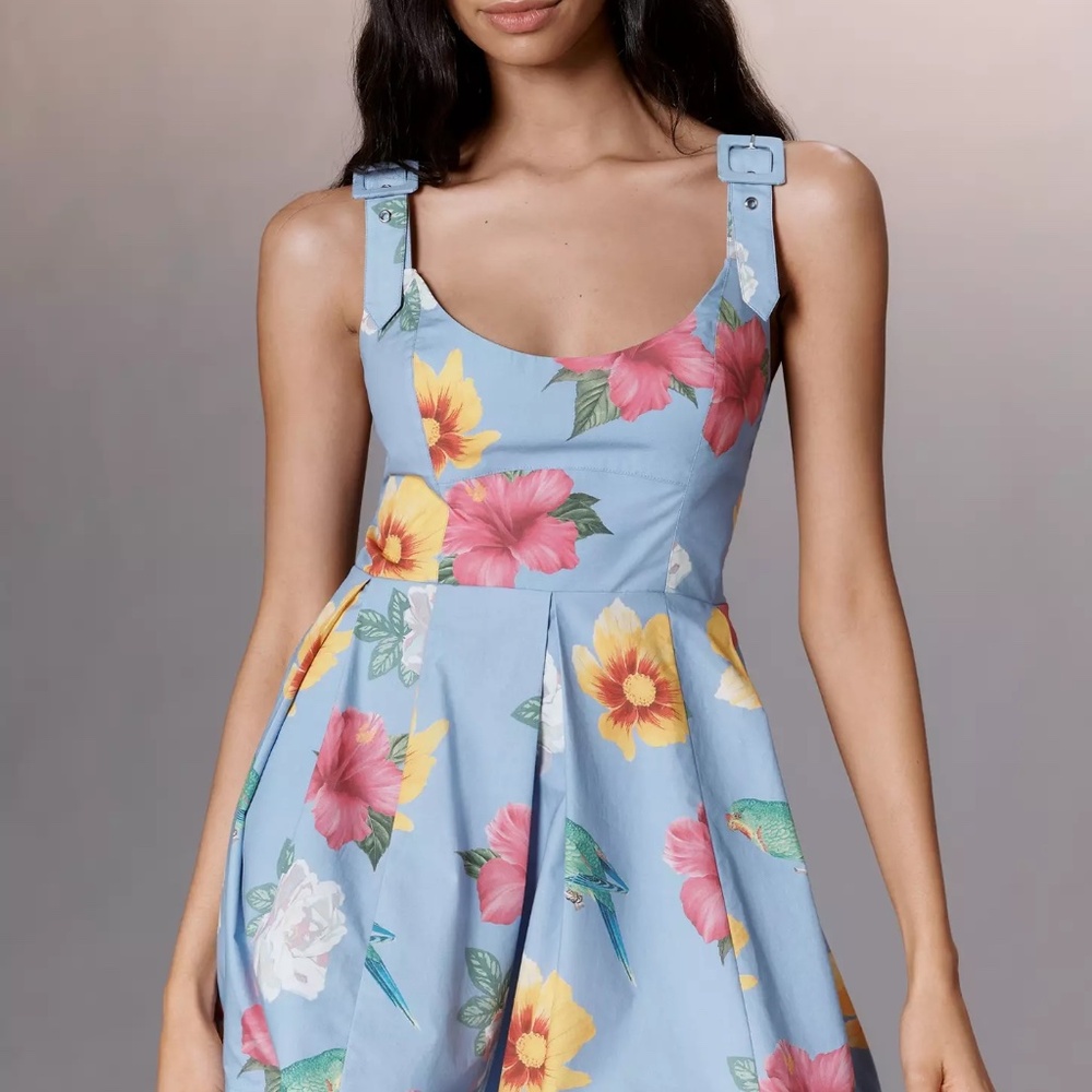Anthropologie Scoop-Neck Printed Cotton Mini Dress Blue Floral By Maeve NWT - Picture 3 of 6